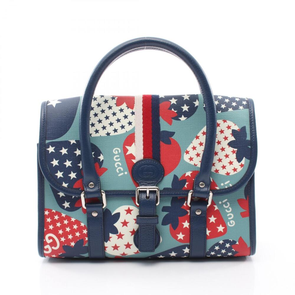 Gucci Strawberry Red Handbag Canvas Leather Navy Blue Red Blue